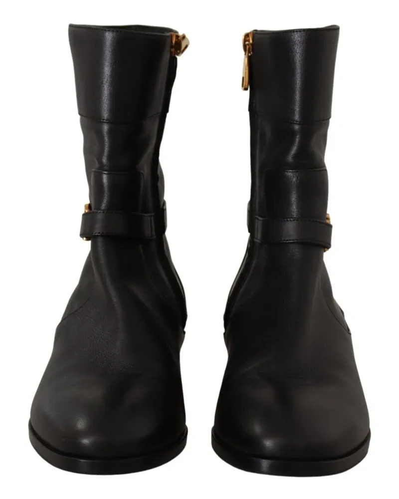 Dolce & Gabbana Women's Black Leather Flats Logo Short Boots Shoes Black