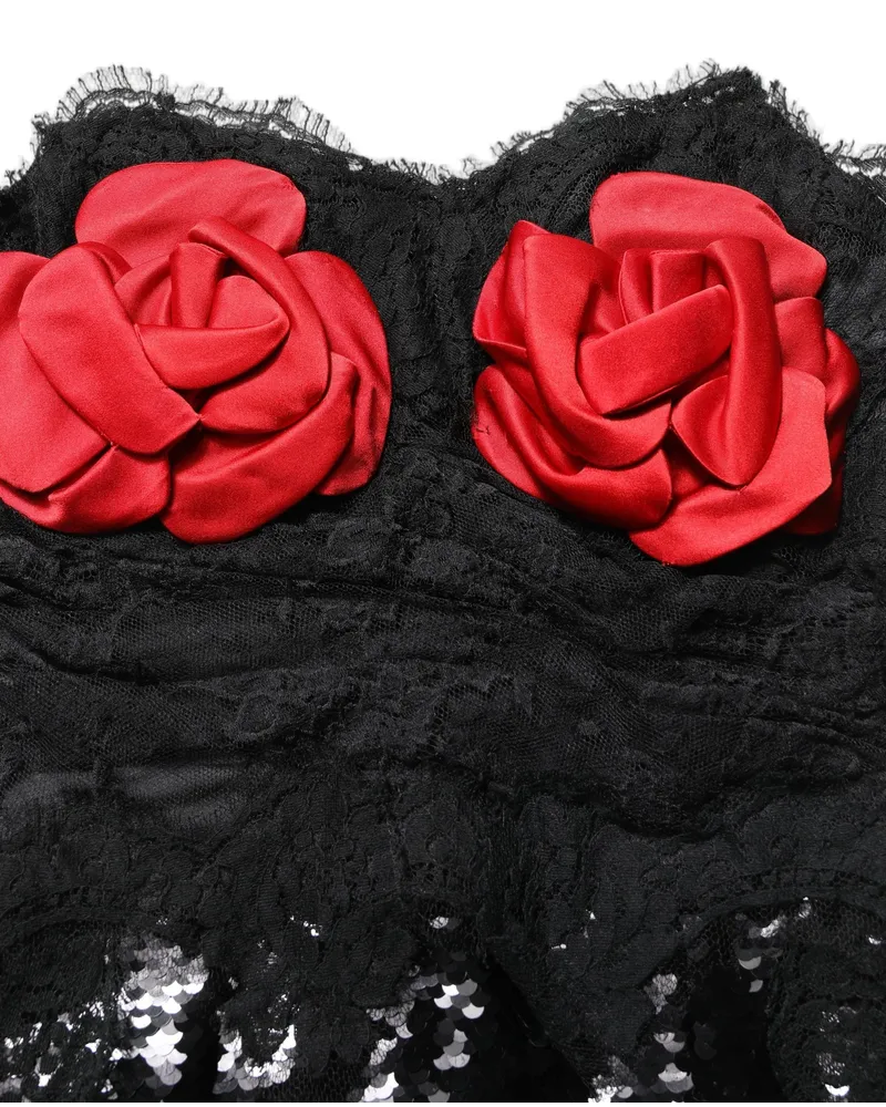 Dolce & Gabbana Floral Rose-Appliqué Sequined Dress — Black Black