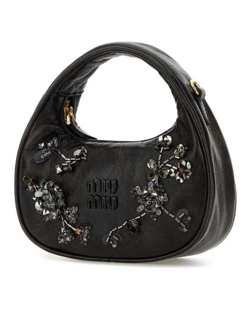Miu Miu Crystal-Embellished Botanical Shoulder Bag — Brown Brown