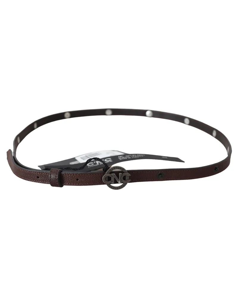 CoSTUME NATIONAL Women's Brown Skinny Leather Round Logo Buckle Belt Brown