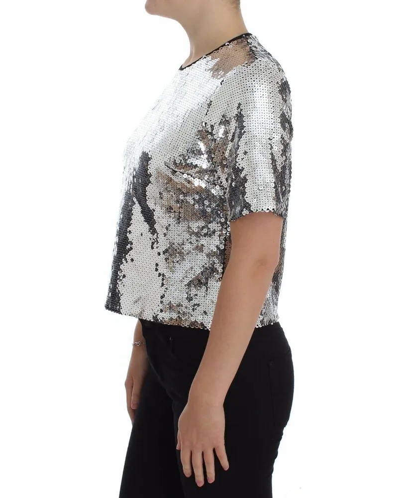 Dolce & Gabbana Women's Silver Sequined Crewneck Blouse T-Shirt Top Polyester Silver