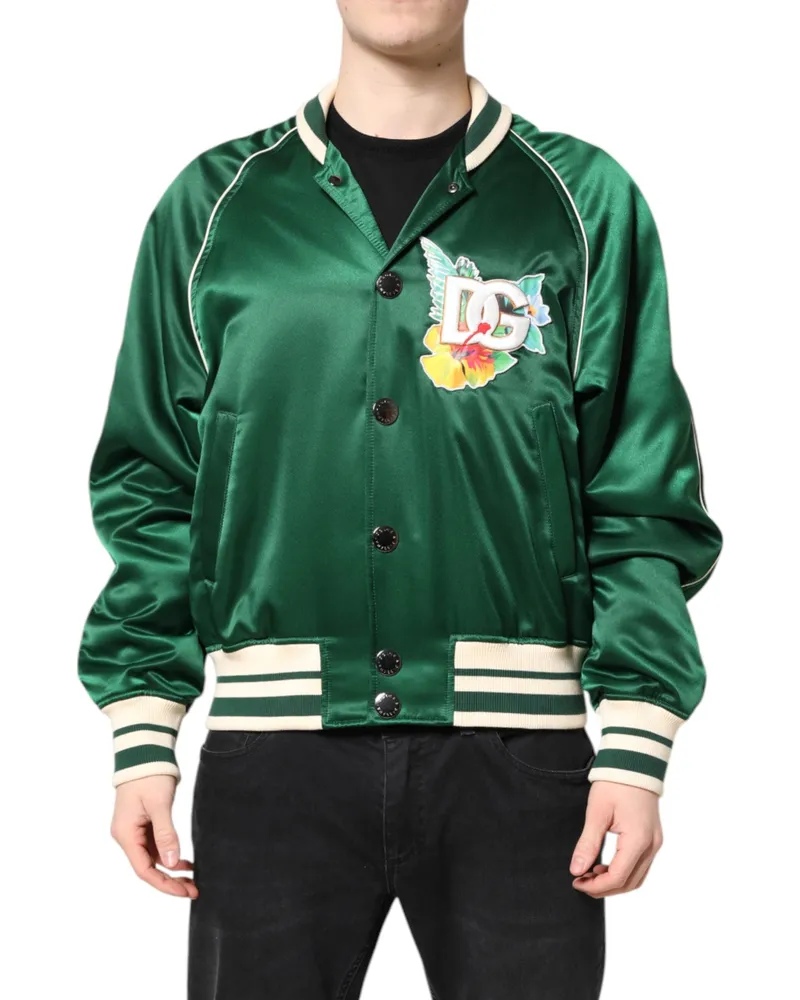 Dolce & Gabbana Men's Green Floral Dg Logo Full Zip Bomber Jacket Polyester Clothing Green