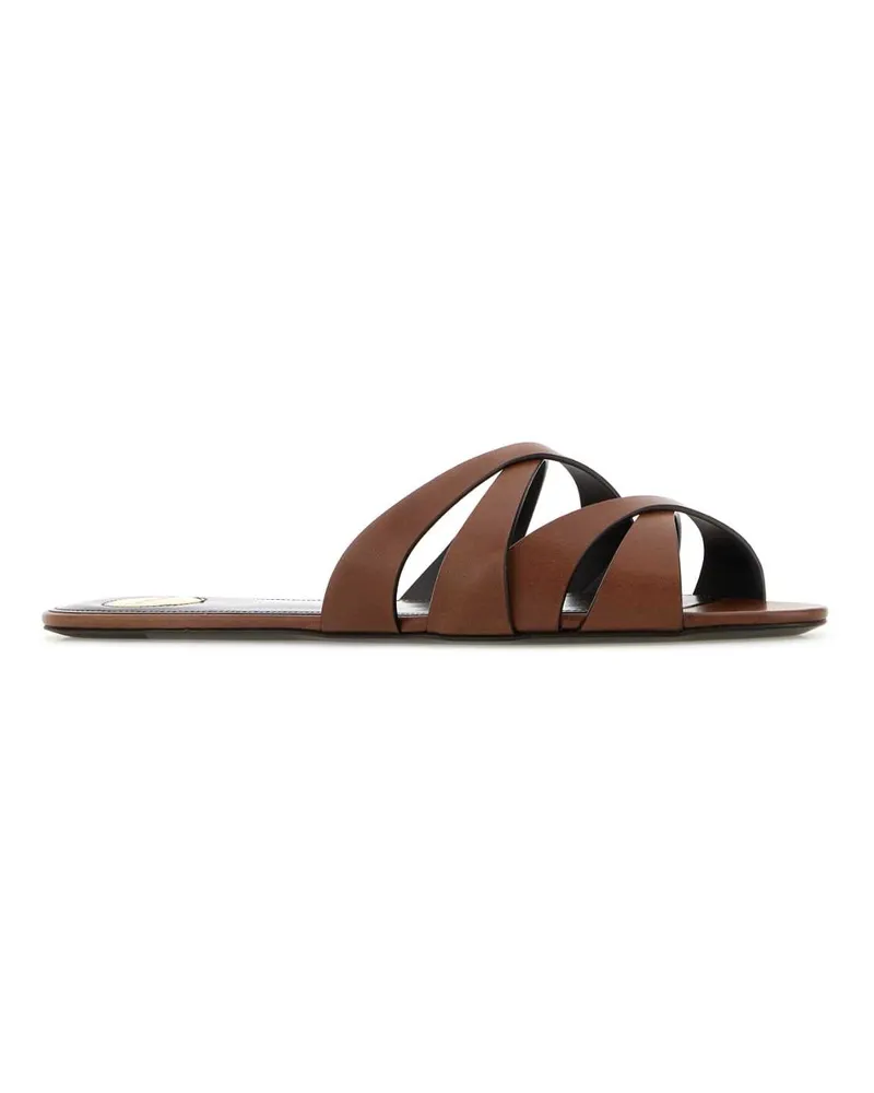Saint Laurent Women's Brown Leather Chandelle Slippers Bruciato Flat Shoes Brown