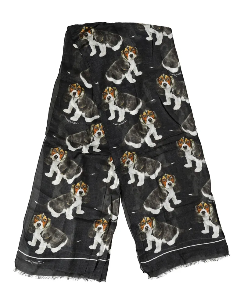 Dolce & Gabbana Men's Black Dog Print Modal Wool Wrap Foulard 178cm X 63cm Scarf Black
