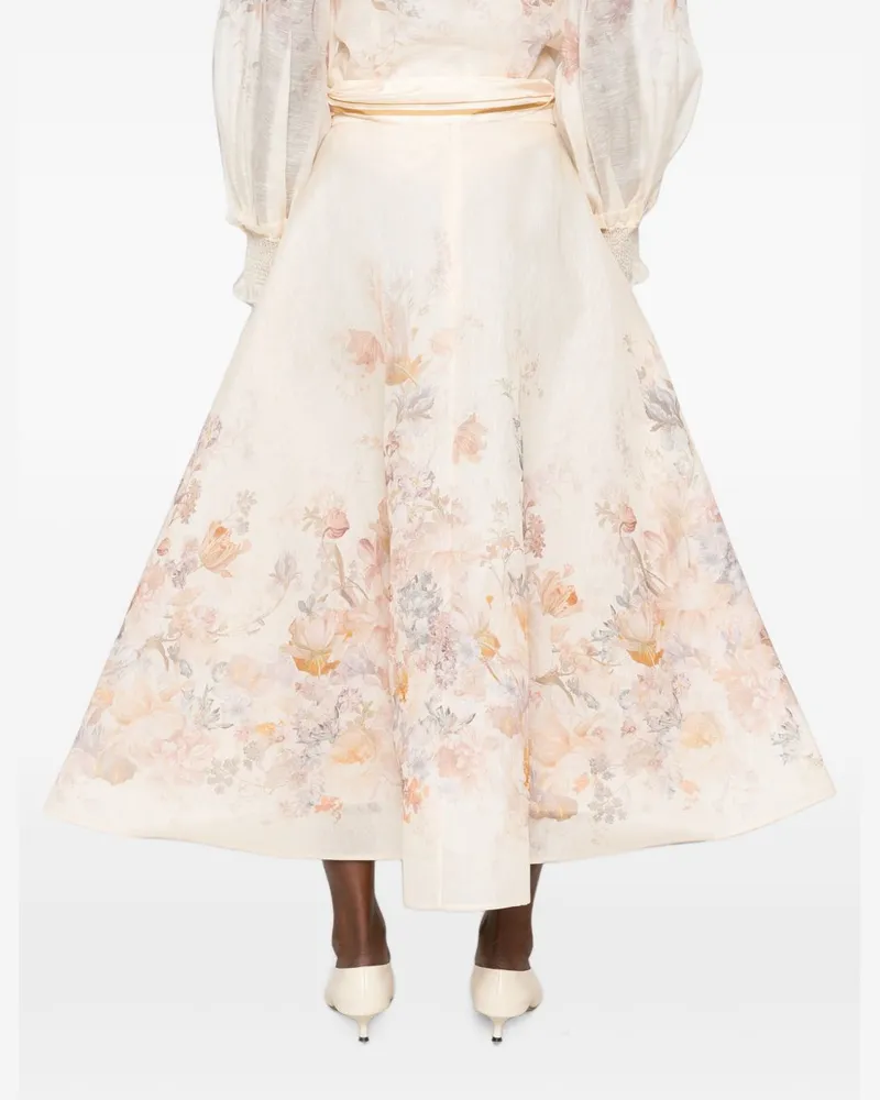 Zimmermann Floral Print Linen-Silk Skirt — Ecru Ecru