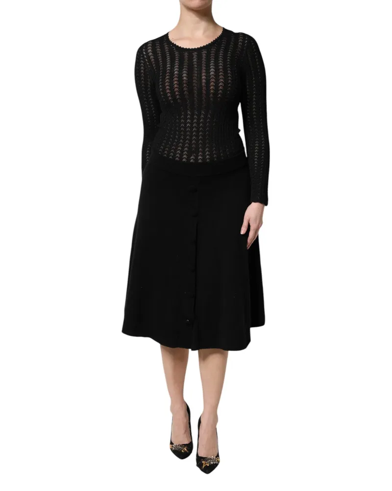 Dolce & Gabbana Women Black Cashmere Long Sleeves A-Line Midi Dress Viscose Polyester Black