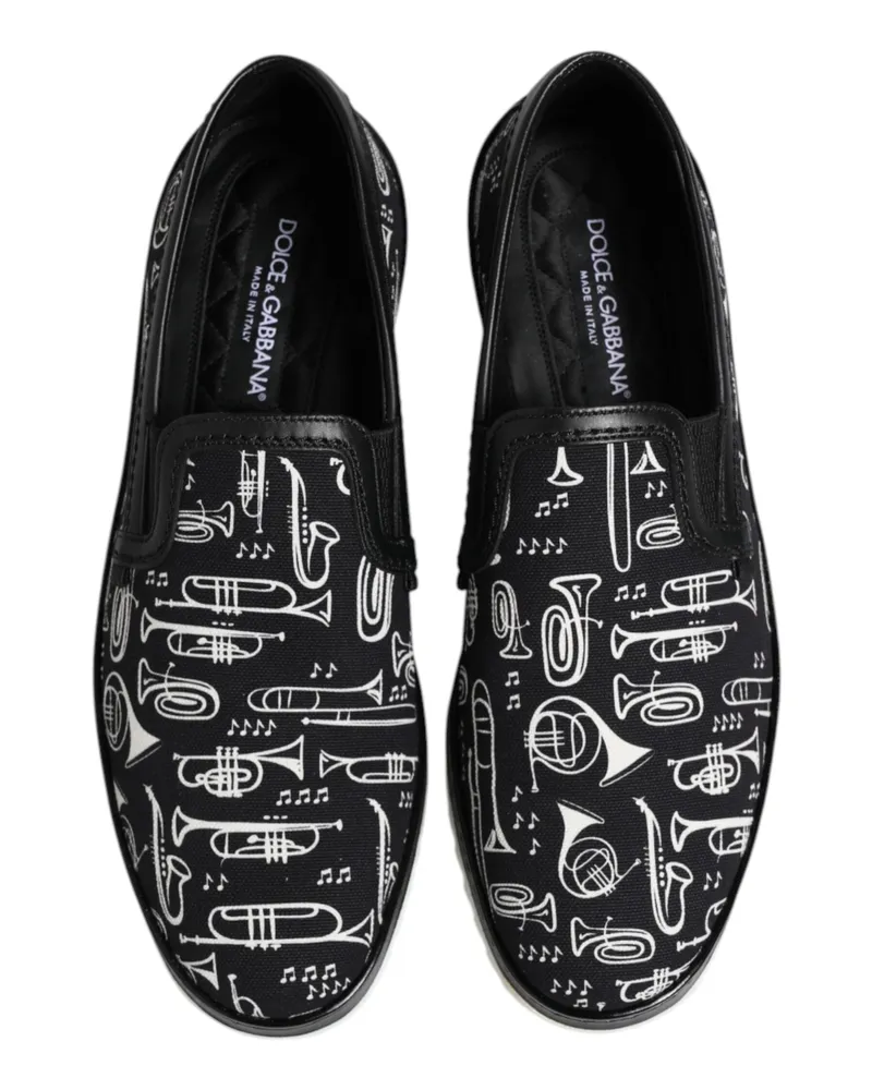 Dolce & Gabbana Black Slip On Printed Men Loafers Shoes Cotton Leather Black