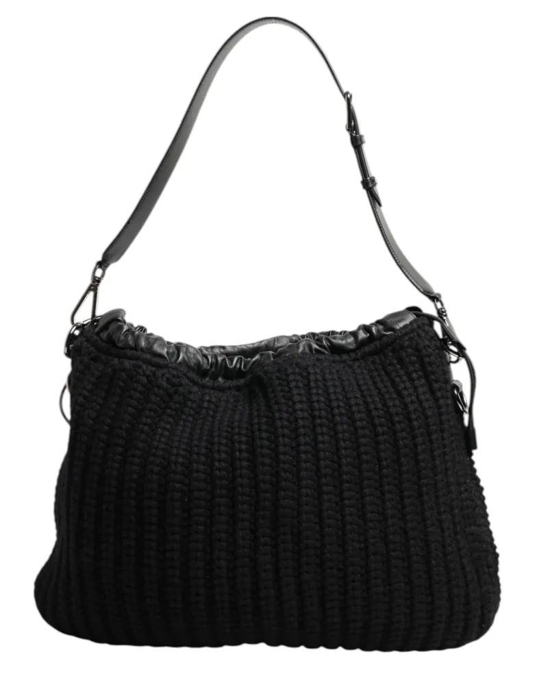 Dolce & Gabbana Women's Cashmere-Knit Leather Shoulder Bag Black Lamb Calf Black