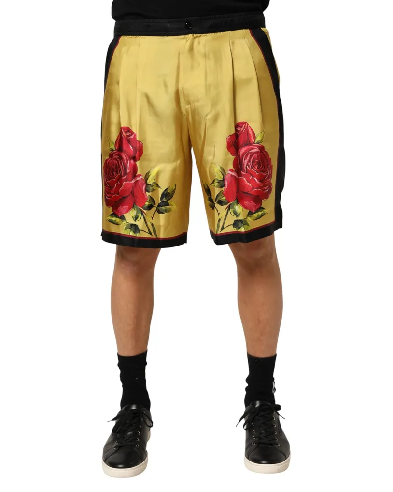 Dolce & Gabbana Yellow Floral Print Silk Men Bermuda Shorts Yellow