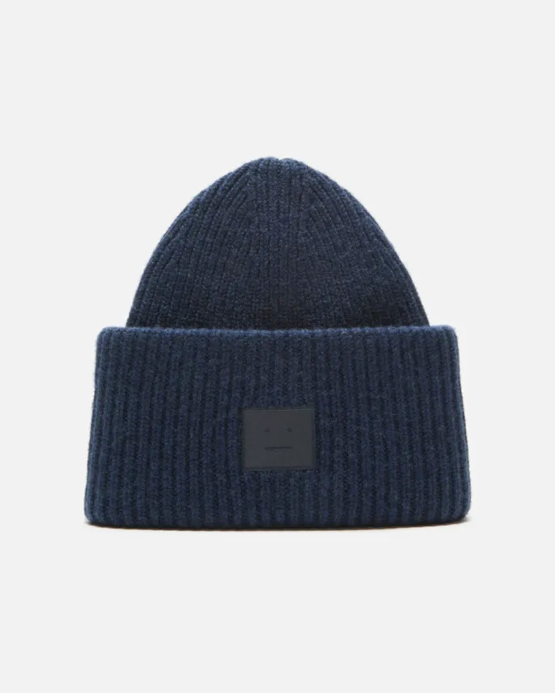 Acne Studios Face Logo Ribbed Wool Beanie — Navy Navy