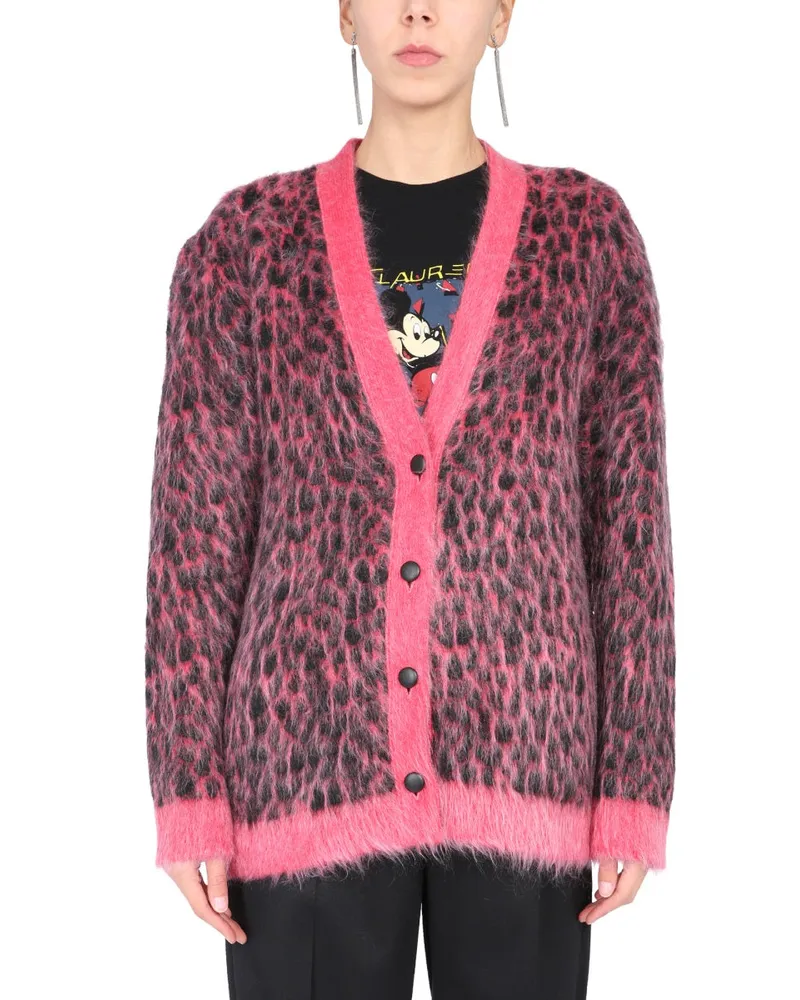Saint Laurent Leopard Jacquard Wool Cardigan — Pink Pink