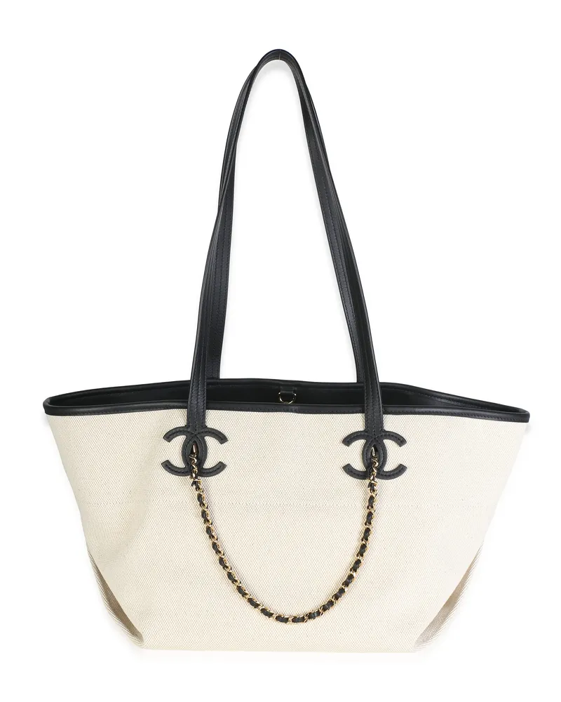 Chanel 26s Ecru Canvas Black Calfskin Cc Shopping Tote Bag Beige Beige