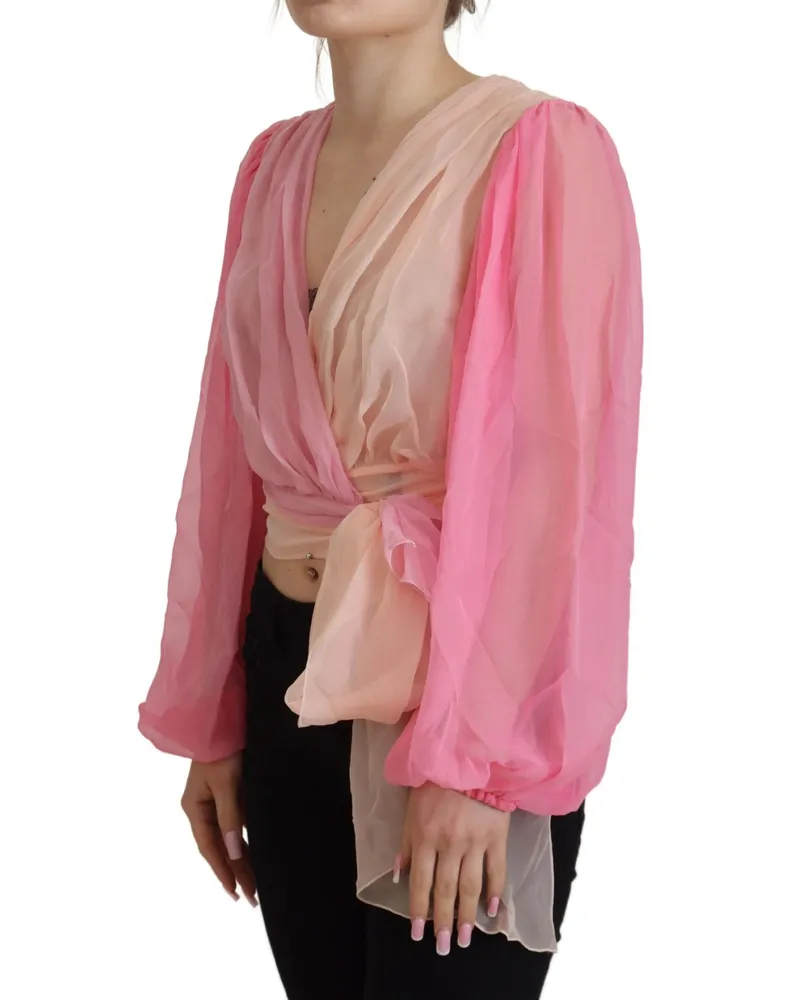 Dolce & Gabbana Women's Pink Silk Wrap Long Sleeves Blouse Top Pink