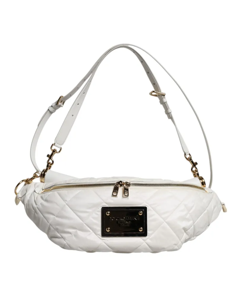 Dolce & Gabbana Women's White Quilted Logo Plaque Belt Waist Fanny Pack Bag Polyester White