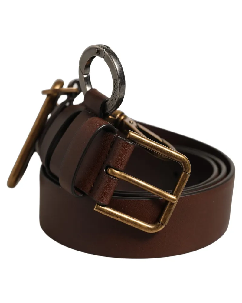 Dolce & Gabbana Men Brown Leather Gold Buckle Carabine Belt Calf Brown