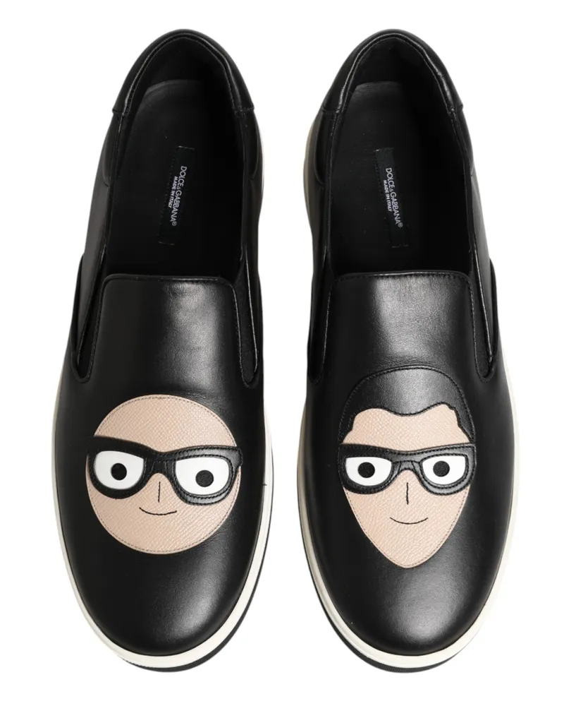 Dolce & Gabbana Men's Black Leather Signature Figures Sneakers Shoes Black