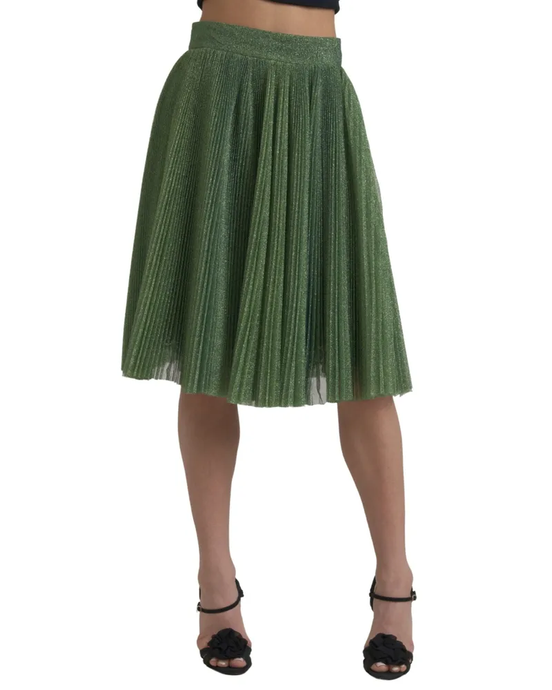 Dolce & Gabbana Women's Metallic Green High Waist A-Line Pleated Skirt Polyester Green