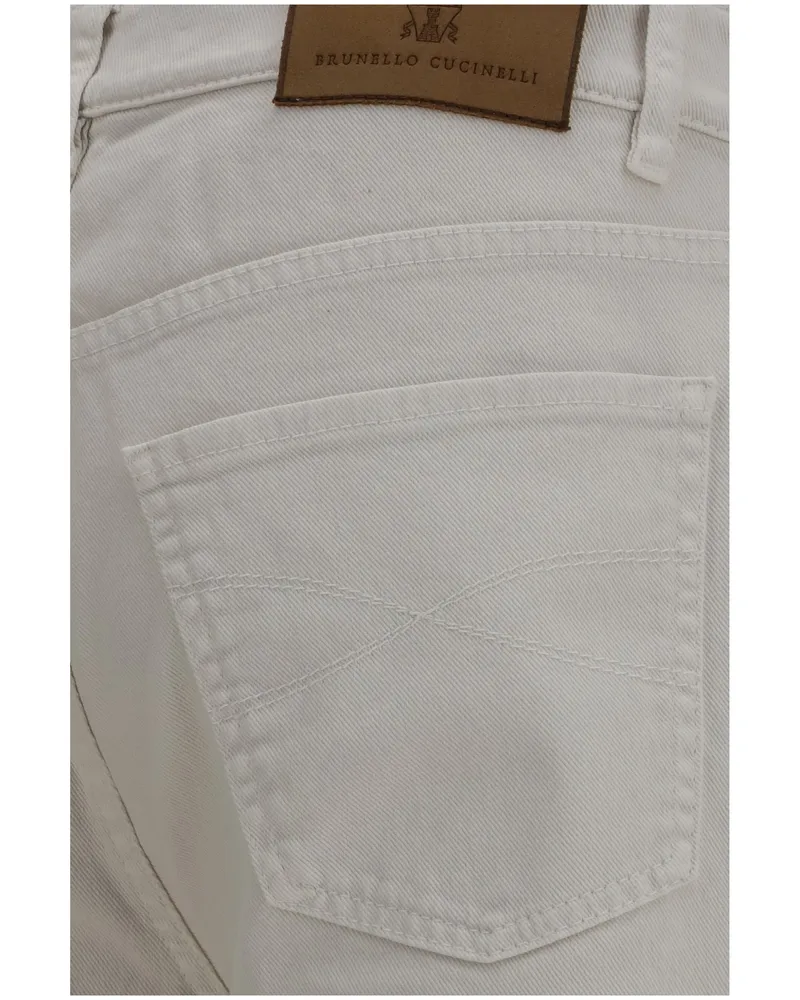 Brunello Cucinelli Men's Jeans With Turn-Up Hem English White Cotton Trousers White