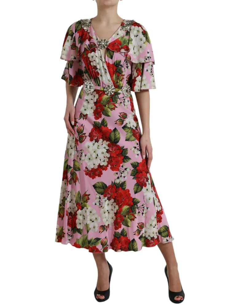 Dolce & Gabbana Women's Multicolor Floral Crystal Embellished A-Line Dress Silk Elastane Pink