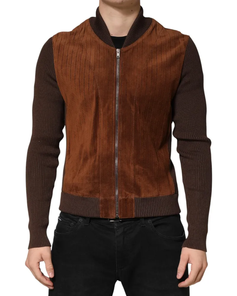 Dolce & Gabbana Men's Brown Velvet Calfskin Full Zip Biker Jacket Cotton Clothing Brown