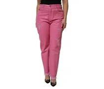 Women's Pink Tattered Mid Waist Tapered Denim Jeans Cotton Elastane Clothing