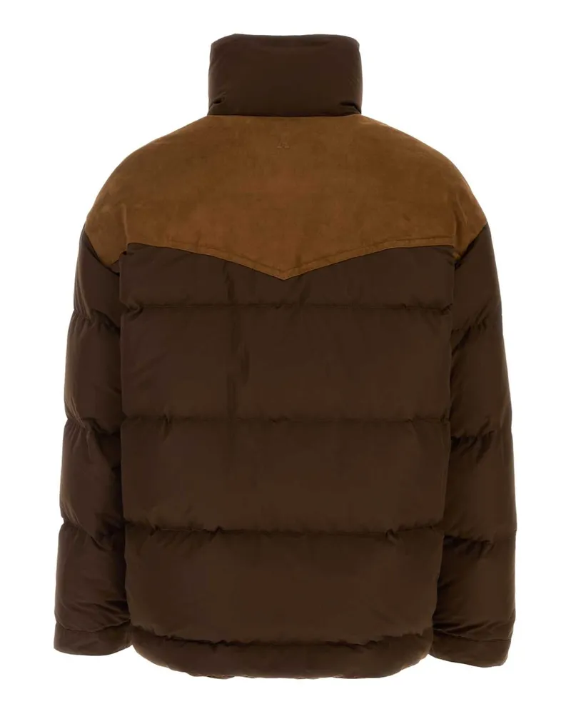 AMI Paris Leather-Yoke Quilted Down Jacket — Brown Brown
