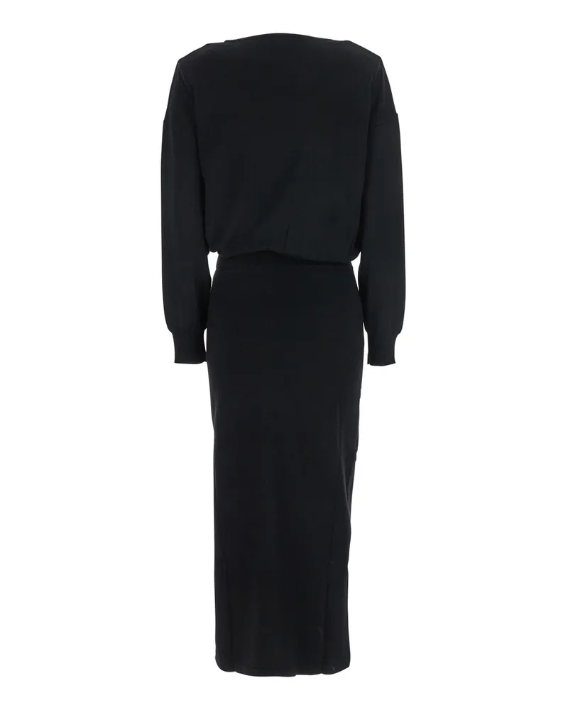 P.A.R.O.S.H. Women's Black Round Neck Dress With Draped Waist Wool Black