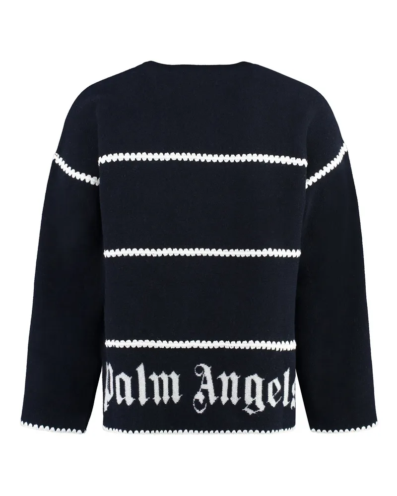 Palm Angels Men Knit Wool Blend Pullover Blue Viscose Sweatshirts Sweater Navy