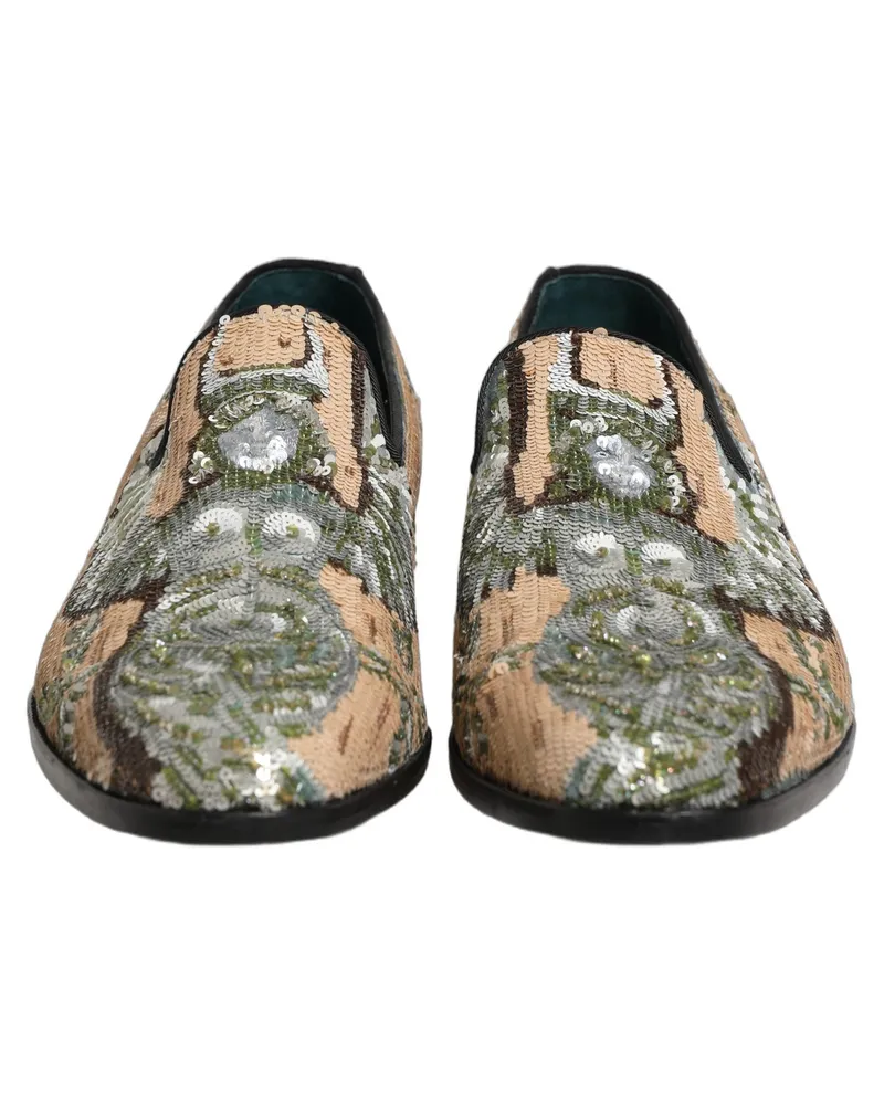 Dolce & Gabbana Men's Beige Sequin Embroidery Dress Loafers Shoes Leather Beige