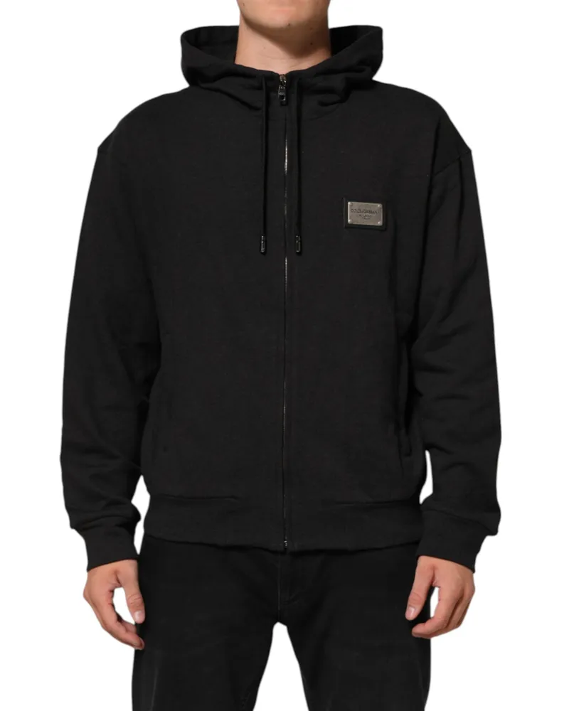 Dolce & Gabbana Men's Black Logo Fullzip Hooded Sweatshirt Sweater Cotton Clothing Black