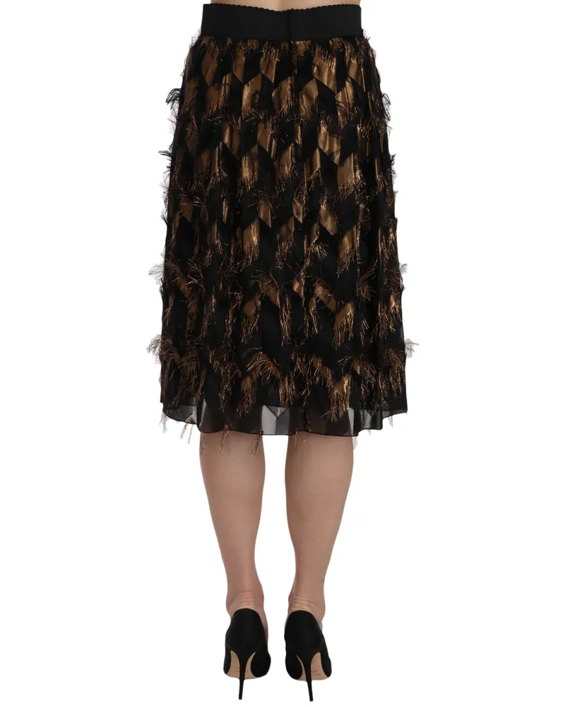 Dolce & Gabbana Women's Black Gold Fringe Metallic Pencil A-Line Skirt Silk Acetate Polyester Black