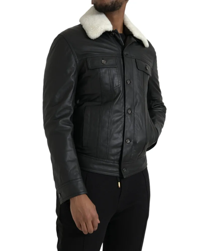 Dolce & Gabbana Men Black Leather Fur Collar Biker Coat Jacket Lambskin Clothing Black
