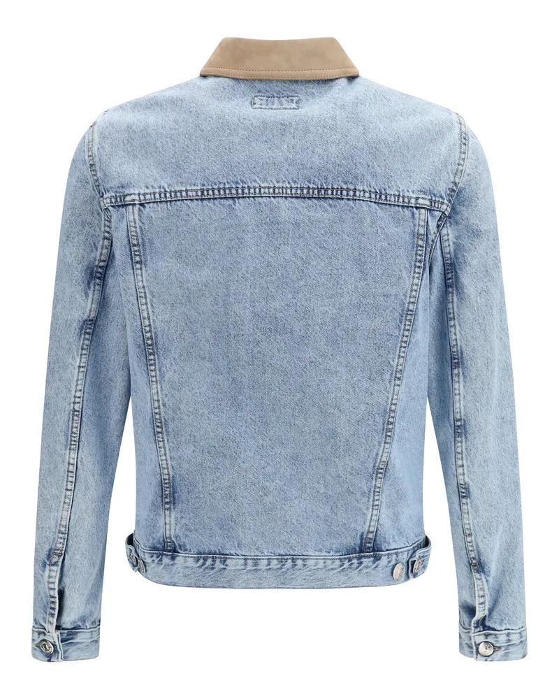 Brunello Cucinelli Men's Denim Jacket With Suede Collar Light Cotton Blue
