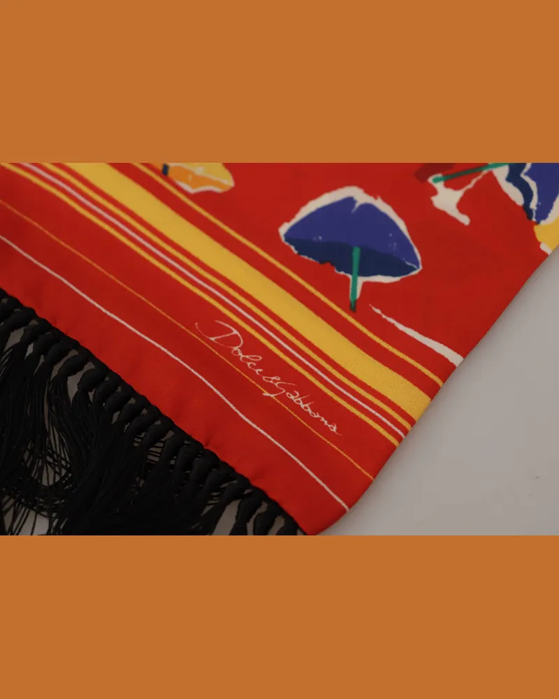 Dolce & Gabbana Men's Multicolor Dg Umbrellas Print Shawl Fringe Scarf Silk Red