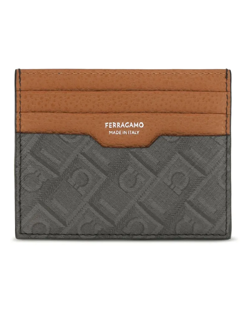 Ferragamo Men's Cardholder Monogram Calf Leather Grey Dark Patterned Umbrellas Accessory Gray