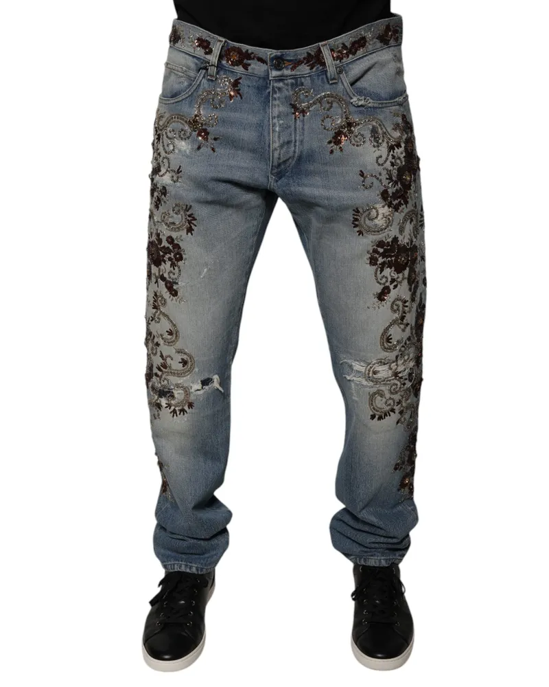 Dolce & Gabbana Men's Light Blue Embroidered Skinny Denim Jeans Cotton Clothing Blue