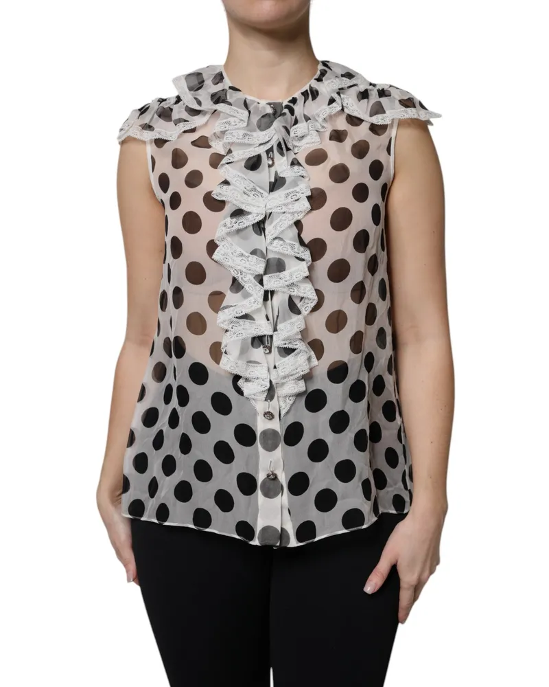 Dolce & Gabbana Women's White Black Polka Dot Cotton Sleeveless Top And Silk Nylon Black