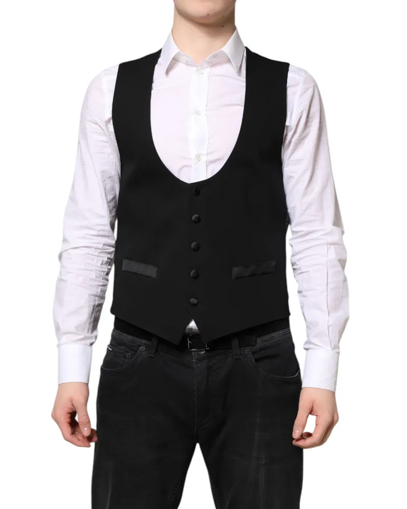 Dolce & Gabbana Men Black Wool Waistcoat Dress Formal Vest Virgin Silk Viscose Black