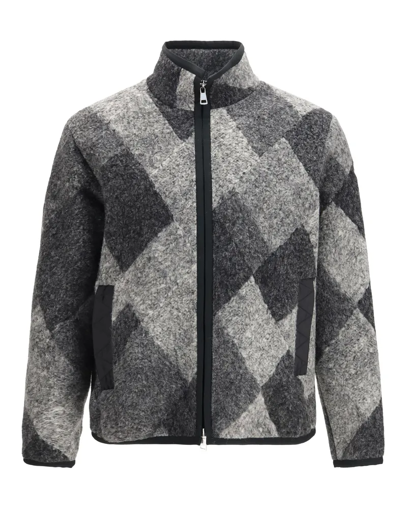 Moncler Men Wool Blend Zip Cardigan With Diamond Pattern Black Fleece Sweatshirts Sweater Black