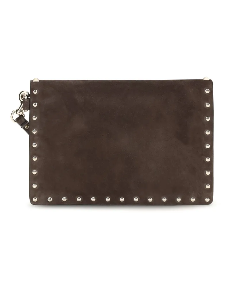 Valentino Garavani Women's Medium Rockstud Clutch Suede Ebony Brown Clutches Brown