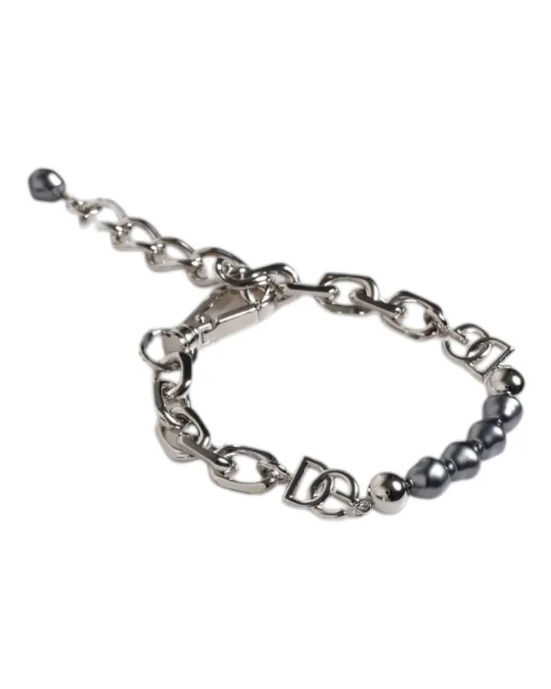 Dolce & Gabbana Men's Silver Tone Chain Lobster Clasp Logo Gray Pearls Bracelet Silver-Tone Metal Silver