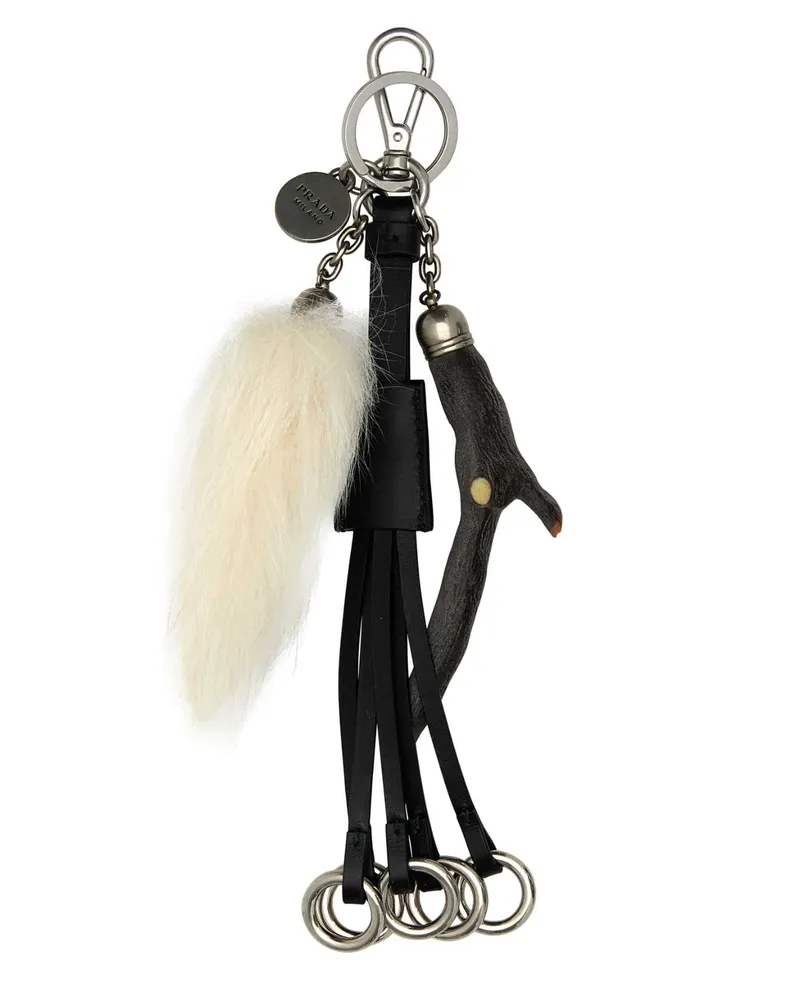 Prada Women's Black Leather Key Ring Bianco Portachiavi Keychains Black