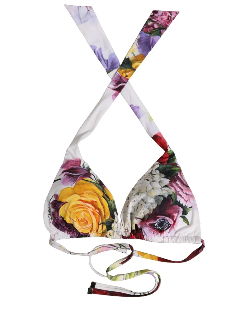 Dolce & Gabbana Women White Floral Print Triangle Beachwear Bikini Top Nylon Elastane White