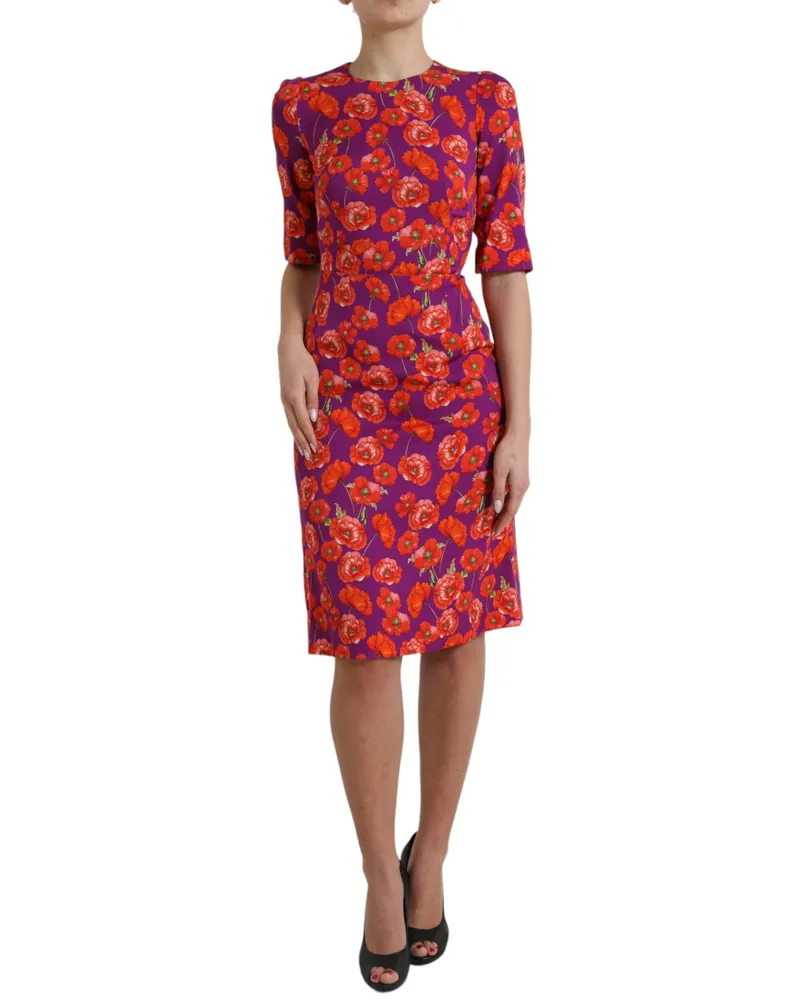 Dolce & Gabbana Floral Poppy Print Silk Dress — Purple Purple