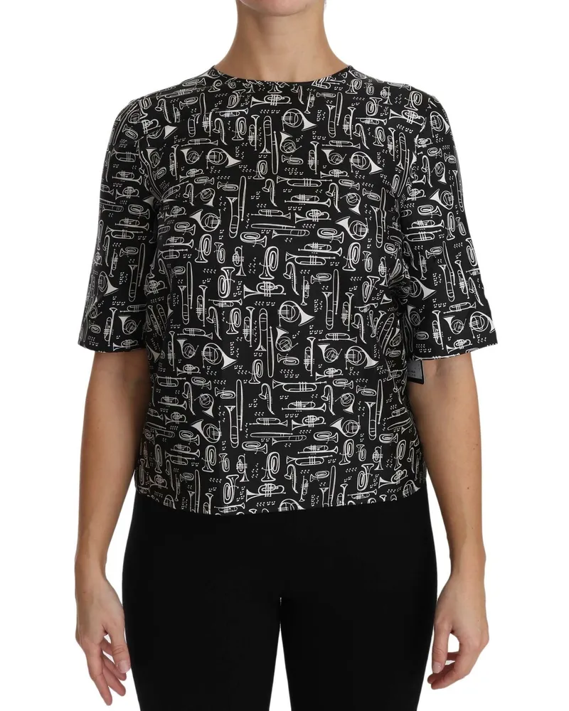 Dolce & Gabbana Women Black Musical Instruments Print Silk Blouse Black
