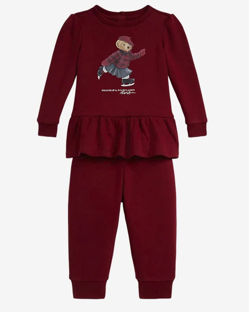 Ralph Lauren Girls' Cotton-Blend Jumpsuit Set With Bear Polo Red Top: Cotton Sets Accessory Red