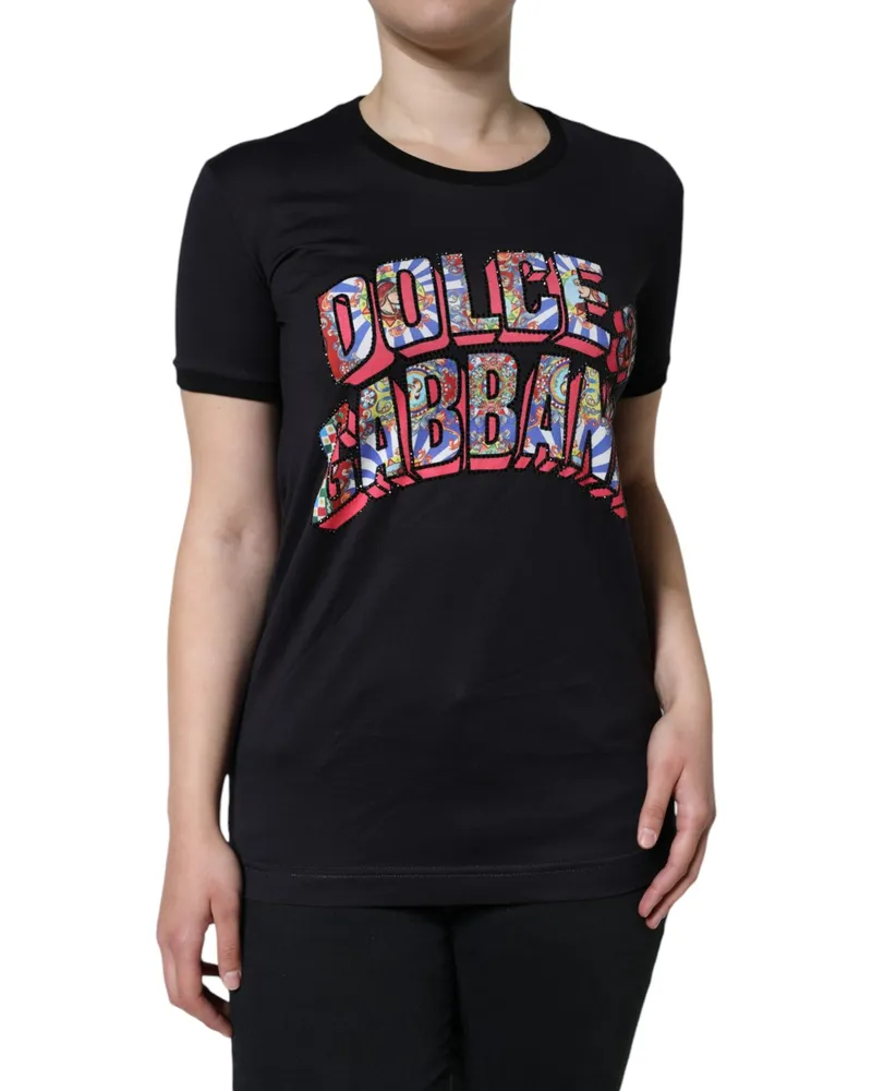 Dolce & Gabbana Women's Black Cotton Logo Print Round Neck T-Shirt Black