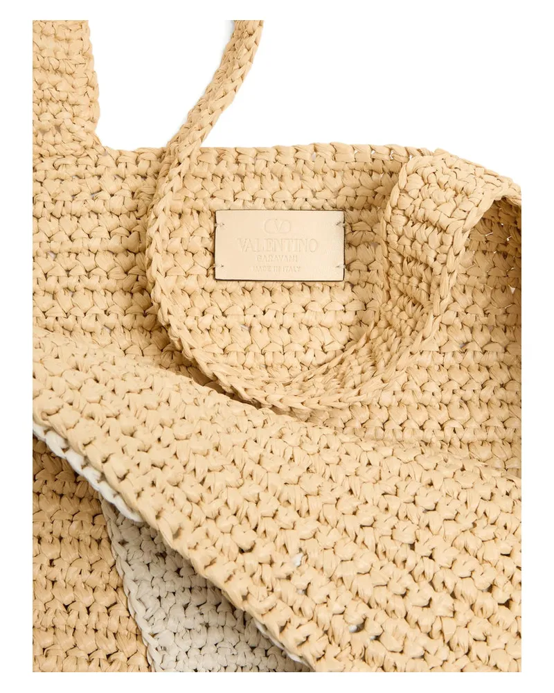 Valentino Garavani Beige-White Contrast Knit Tote Bag — Beige Beige