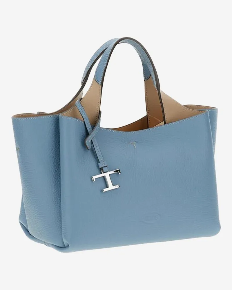 TOD'S Women's Leather Handbag With Logo Light Blue Calfskin Handbags Hand Bags Blue