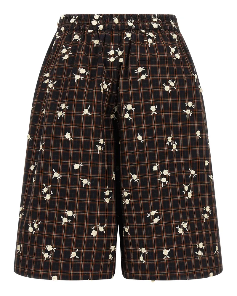 Ganni Check Floral-Embroidered Cotton Bermudas — Black Black